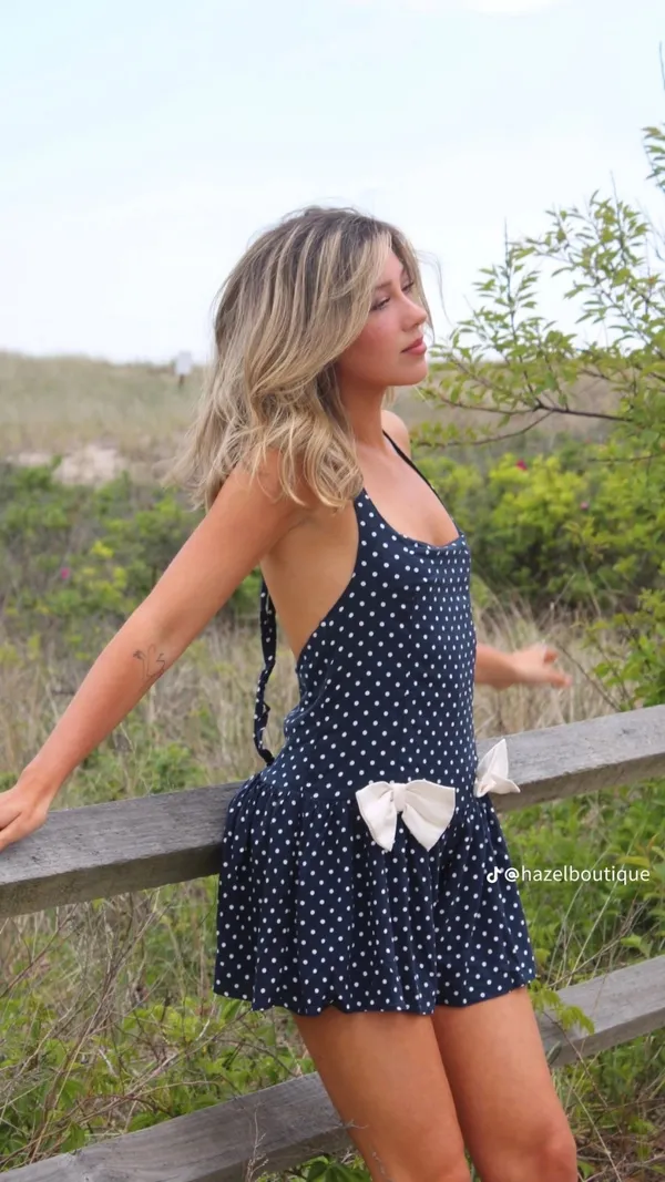 Pass váy liền thân chấm bi xanh navy hãng Free People