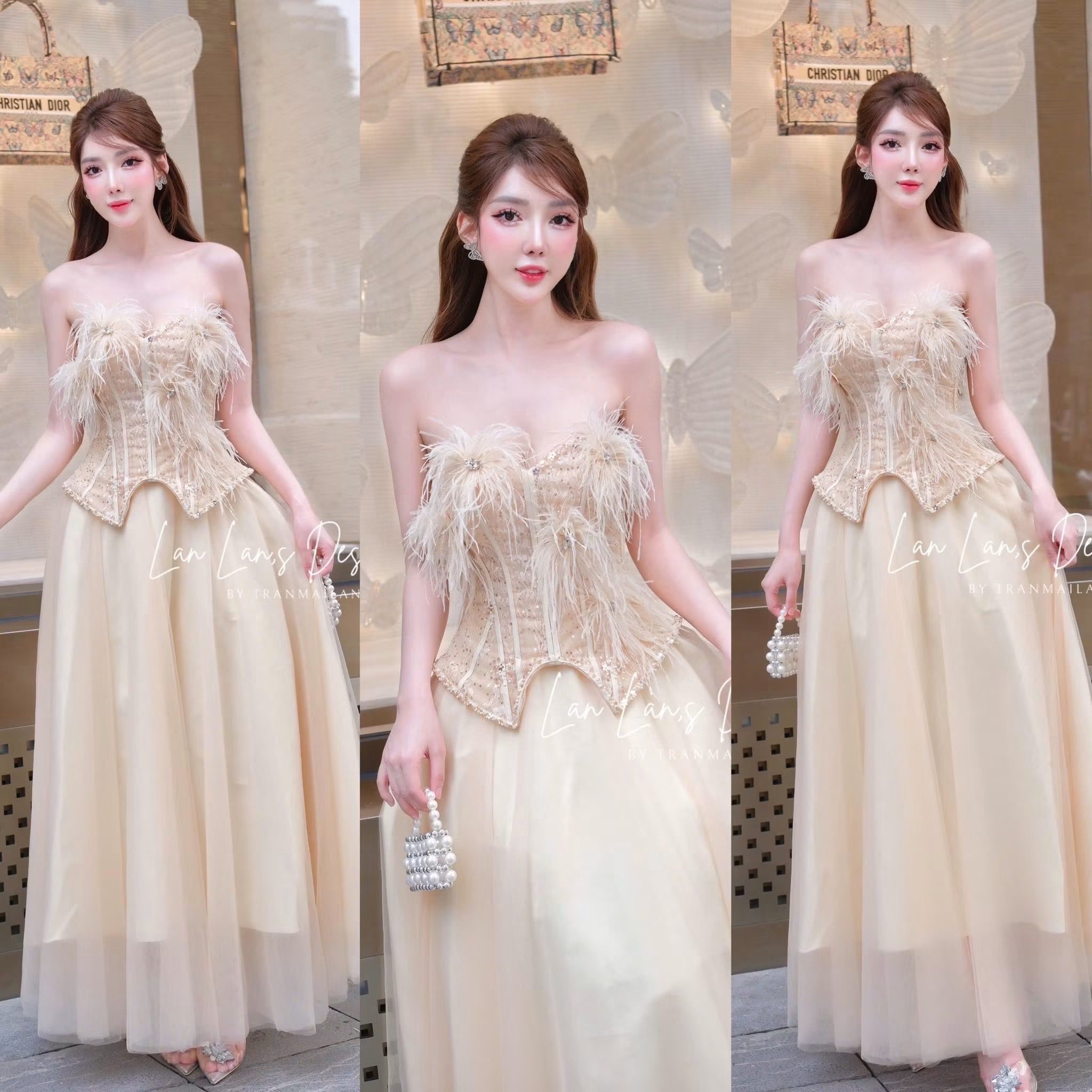 Thanh lý Pass set váy Lan Lan’s design cúp ngực phối lông vũ sang trọng - ảnh 3
