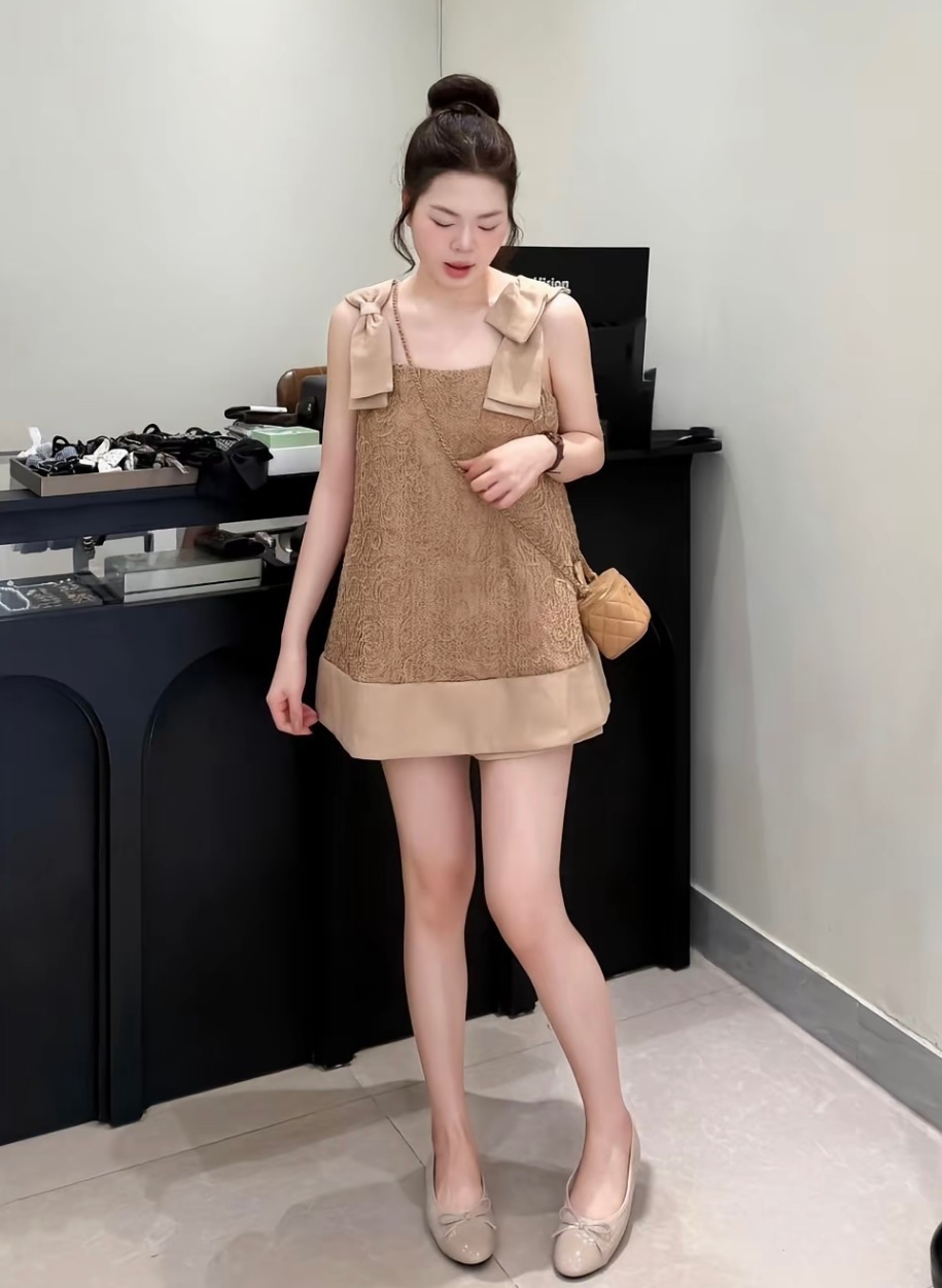 Thanh lý Pass set dáng suông phối nơ vai màu nâu be siêu yêu - ND.Rose - ảnh 2