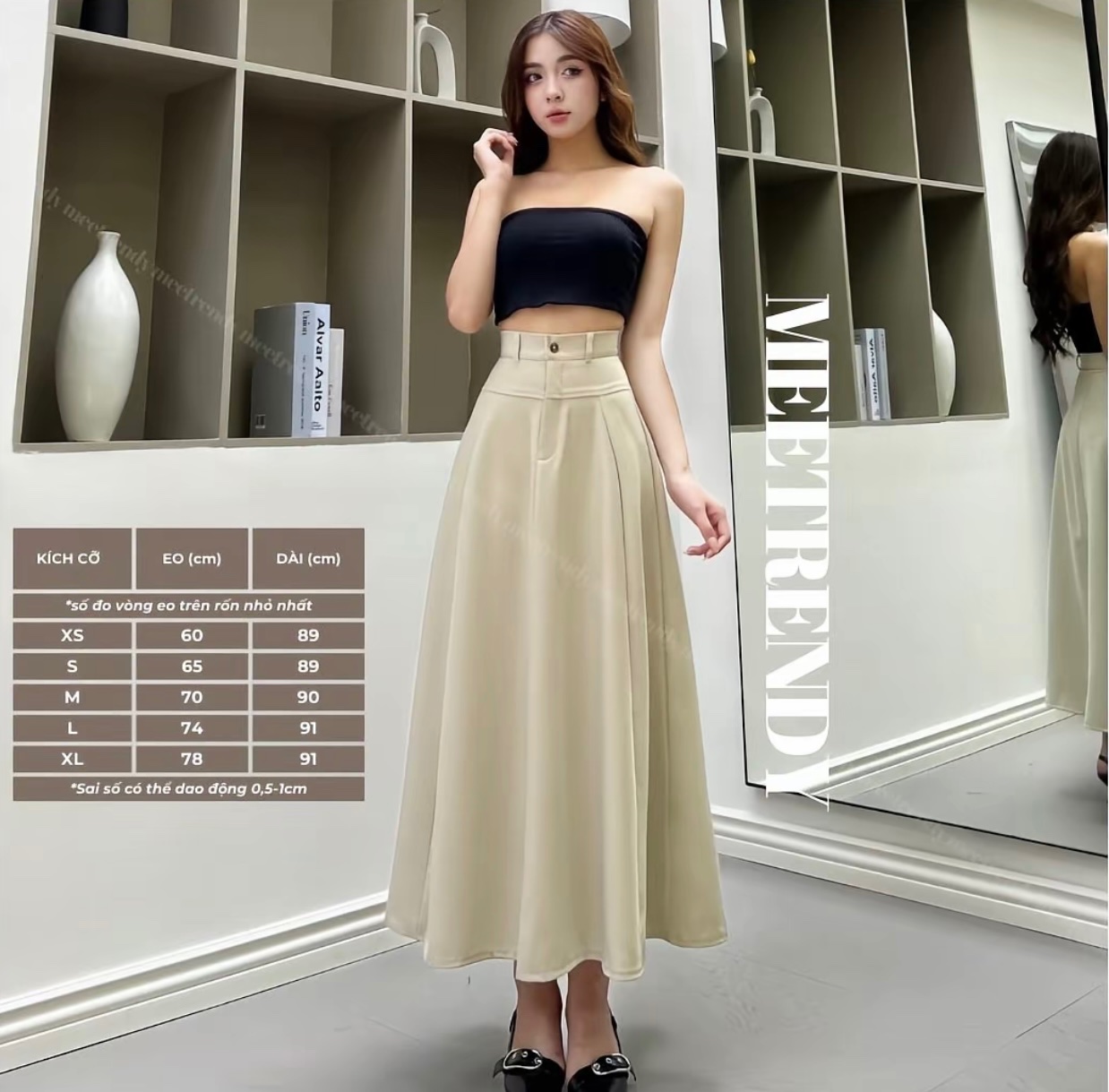 Thanh lý Pass chân váy chiết eo cạp cao Meetrendy màu be - ảnh 2