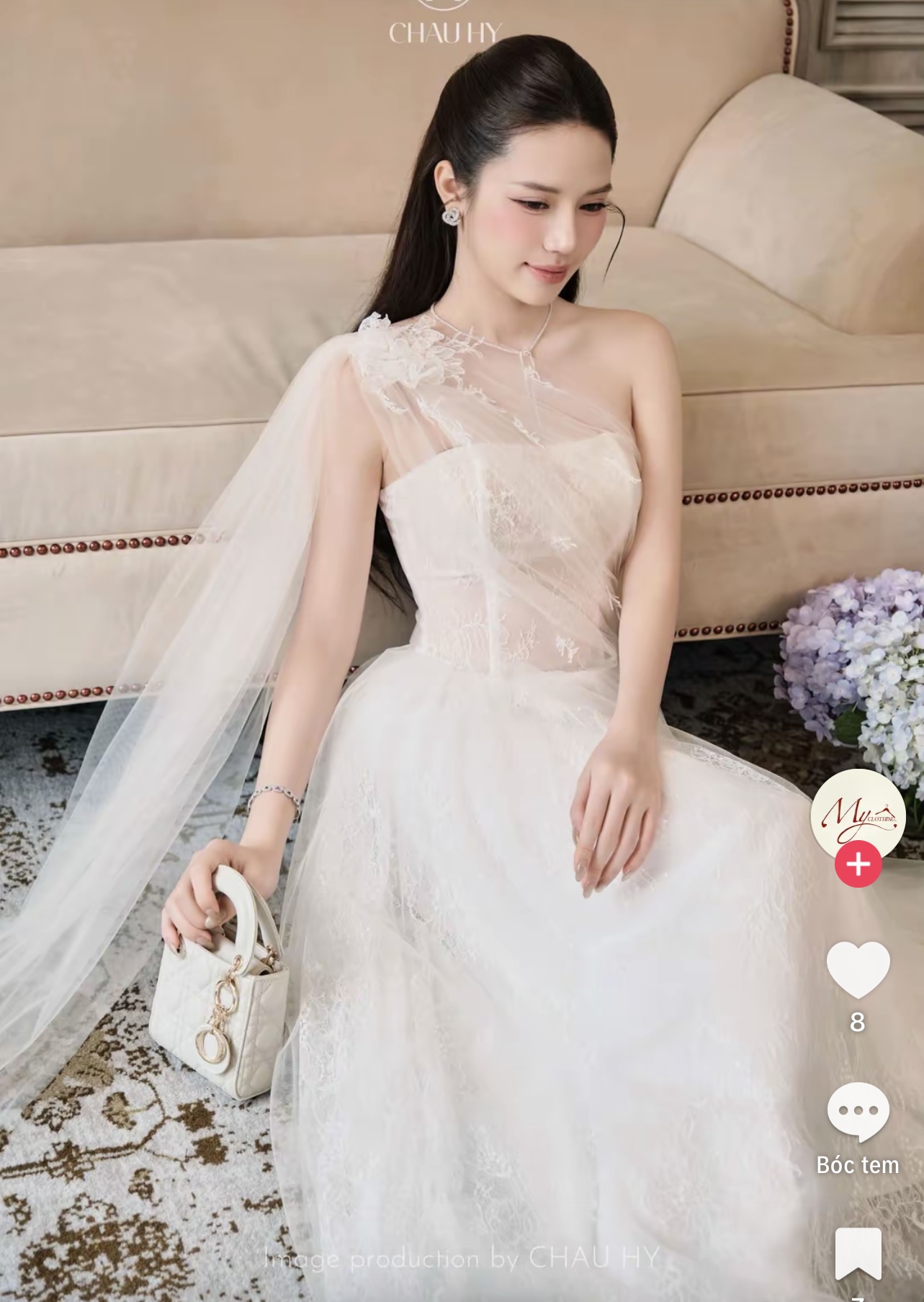 Thanh lý Pass váy chuẩn Châu Hy dài tone trắng thiết kế lệch vai kiêu sa Pass váy Size M - ảnh 3