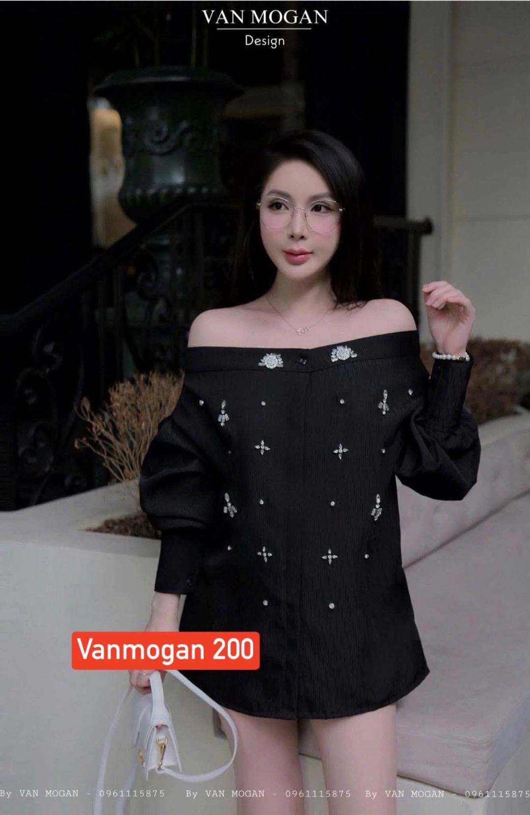 Thanh lý Pass áo tay dài trễ vai màu đen Van Mogan đính đá - ảnh 2