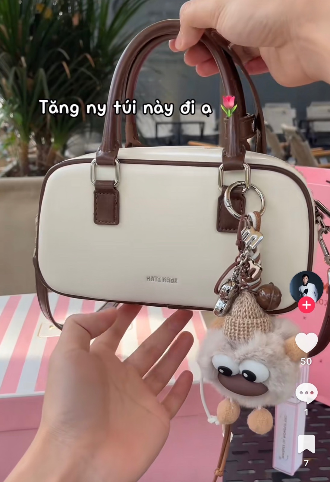 Thanh lý Pass túi MATE MADE phối màu kem nâu xinh xắn kèm charm - ảnh 2