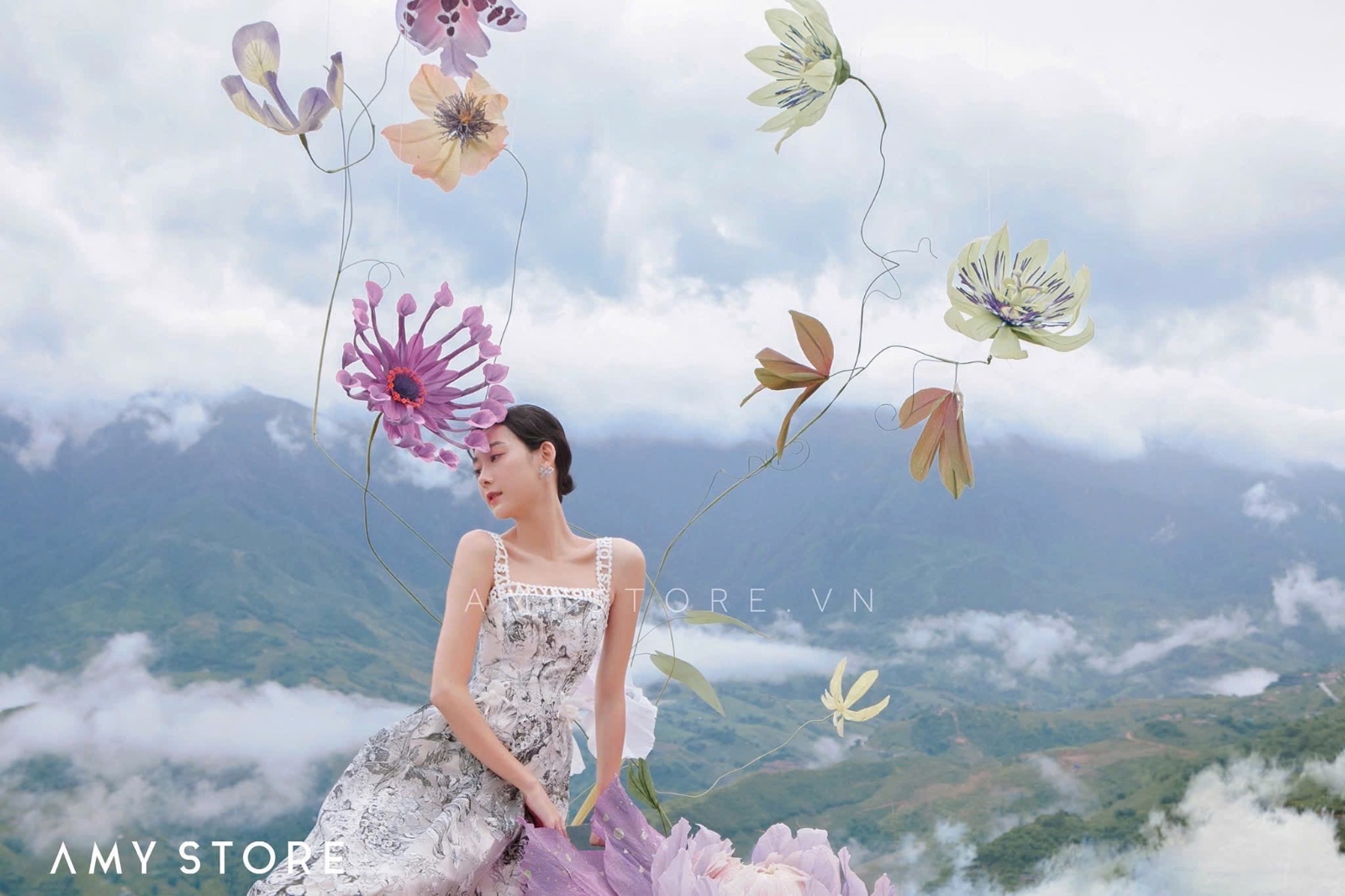 Thanh lý Pass váy midi Amy Store họa tiết hoa đen cổ điển - ảnh 2