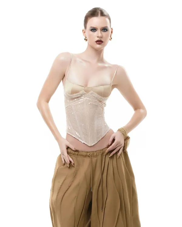 Pass áo corset Liniss màu be đính sequin lấp lánh sang trọng