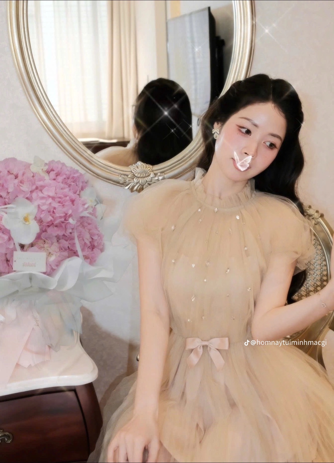 Thanh lý Pass new váy ngắn voan màu be đính ngọc trai tay bồng - ảnh 2
