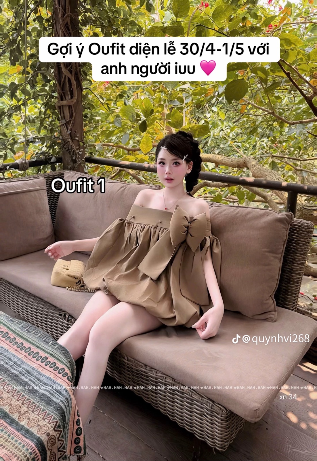 Thanh lý Pass váy babydoll trễ vai dáng bồng màu nâu phối nơ - ảnh 2