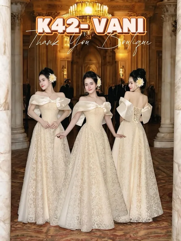 Pass đầm Thank You trễ vai mẫu K42 màu Vani phối ren tinh tế đi tiệc