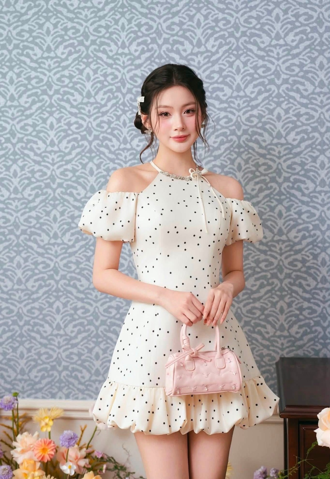 Thanh lý Pass váy ngắn chấm bi trễ vai xinh xắn chính hãng Zamy - ảnh 1