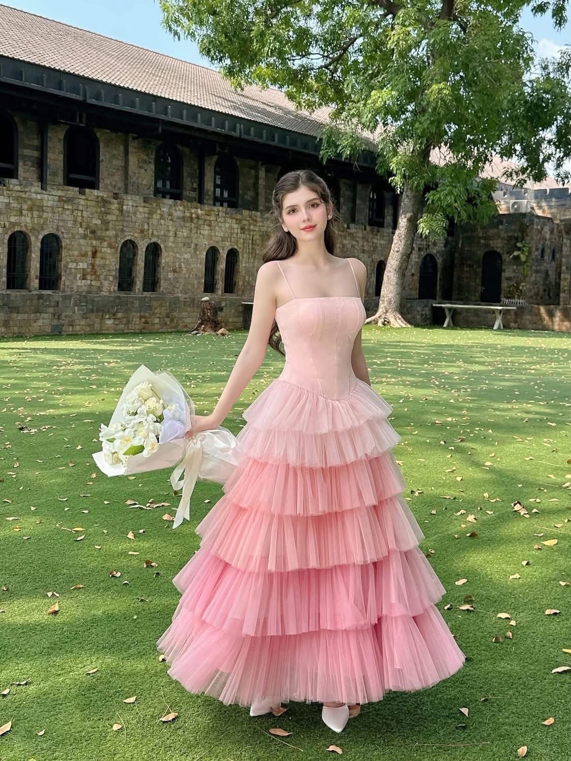 Thanh lý Pass váy Sò Vintage màu hồng pastel xếp tầng bồng bềnh - ảnh 1