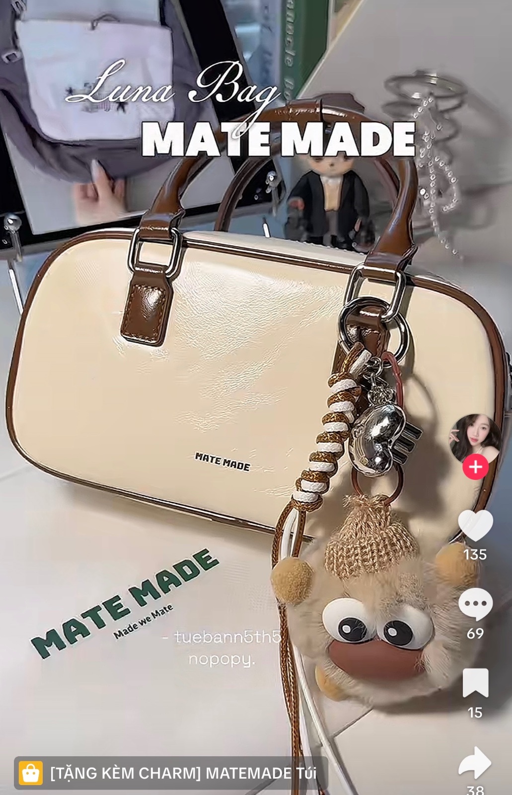 Thanh lý Pass túi MATE MADE phối màu kem nâu xinh xắn kèm charm - ảnh 3