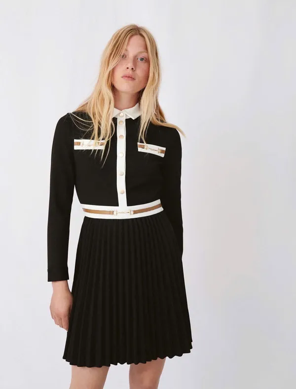 Pass váy Maje Auth size 34 đen phối trắng dáng xếp ly 