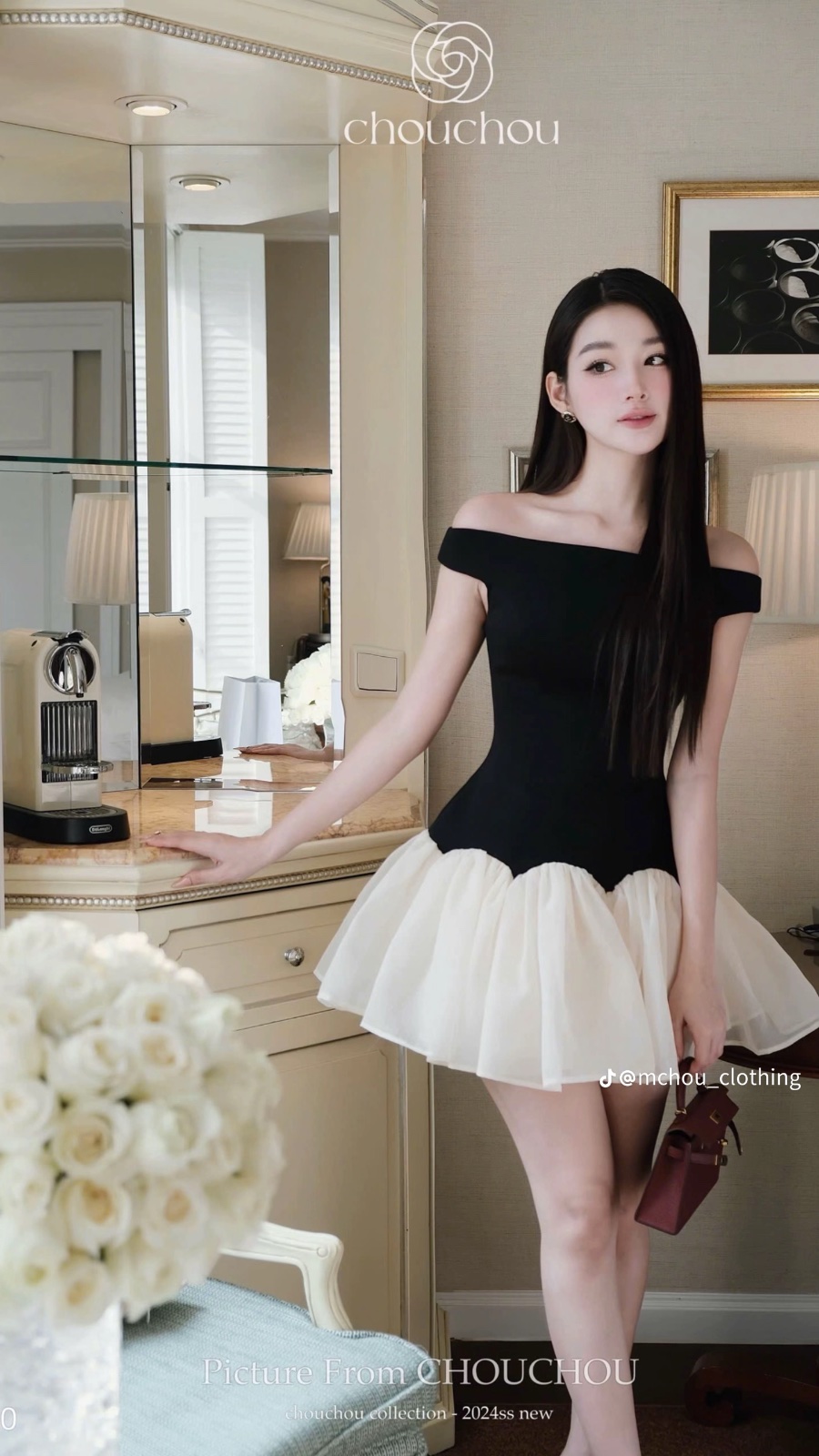 Thanh lý Pass váy ngắn trễ vai phối trắng đen thanh lịch ChouChou - ảnh 2