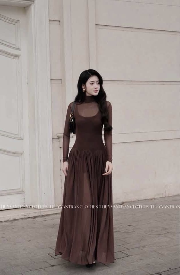 Thanh lý Pass set váy thun dáng dài THUYVANTRAN màu nâu phối áo xuyên thấu sang trọng - ảnh 1