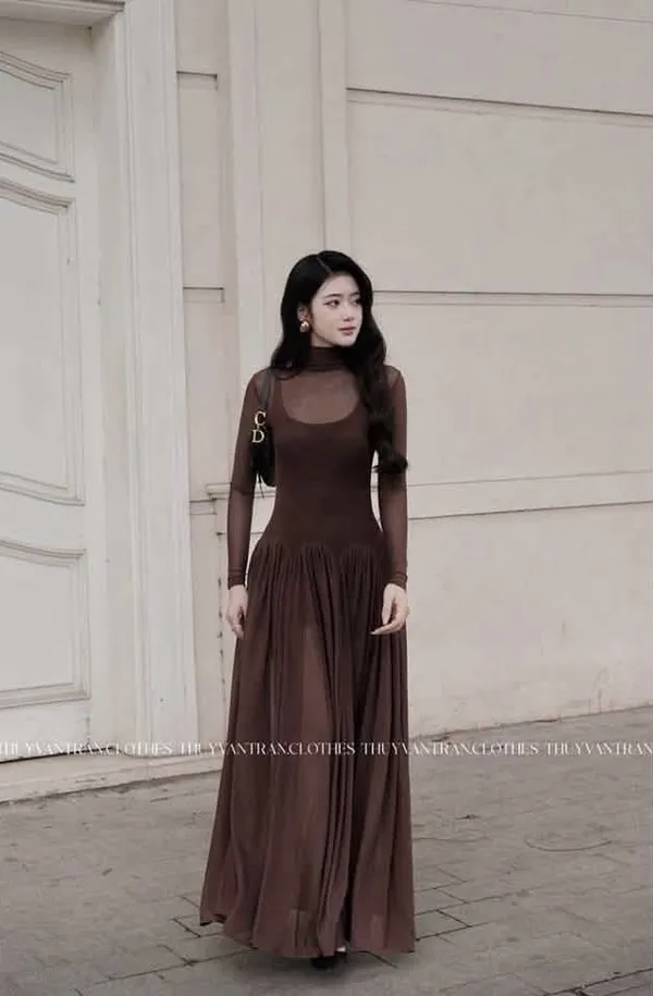 Pass set váy thun dáng dài THUYVANTRAN màu nâu phối áo xuyên thấu sang trọng