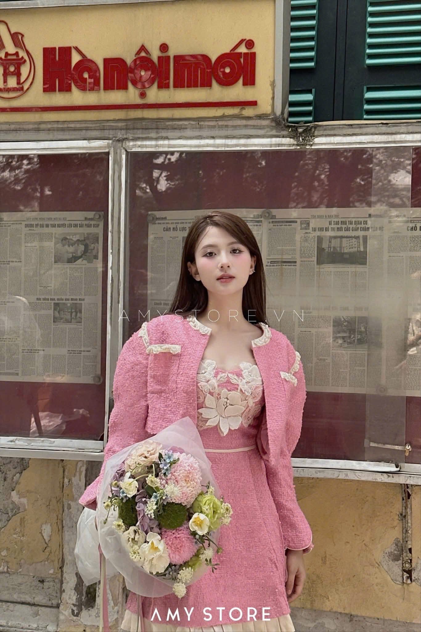 Thanh lý Pass set dạ tweed Amy Store hồng tiểu thư phối ren điệu đà - ảnh 2