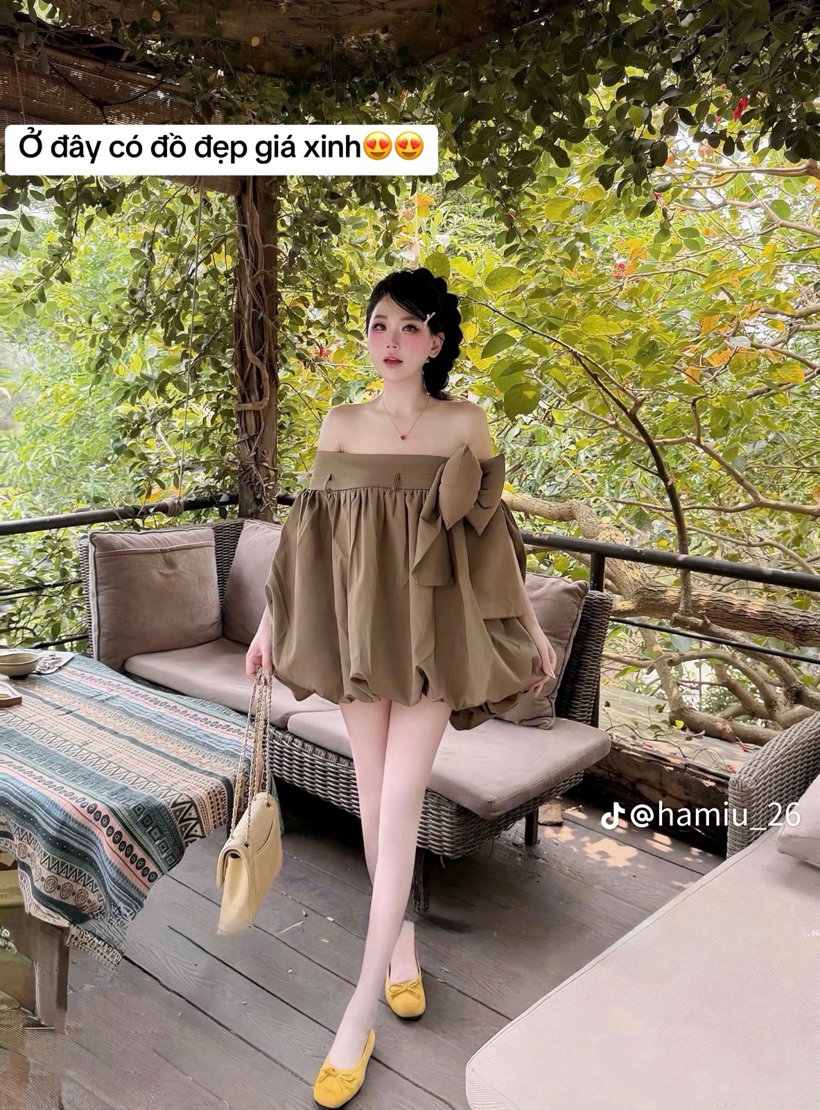 Thanh lý Pass váy babydoll trễ vai dáng bồng màu nâu phối nơ - ảnh 1