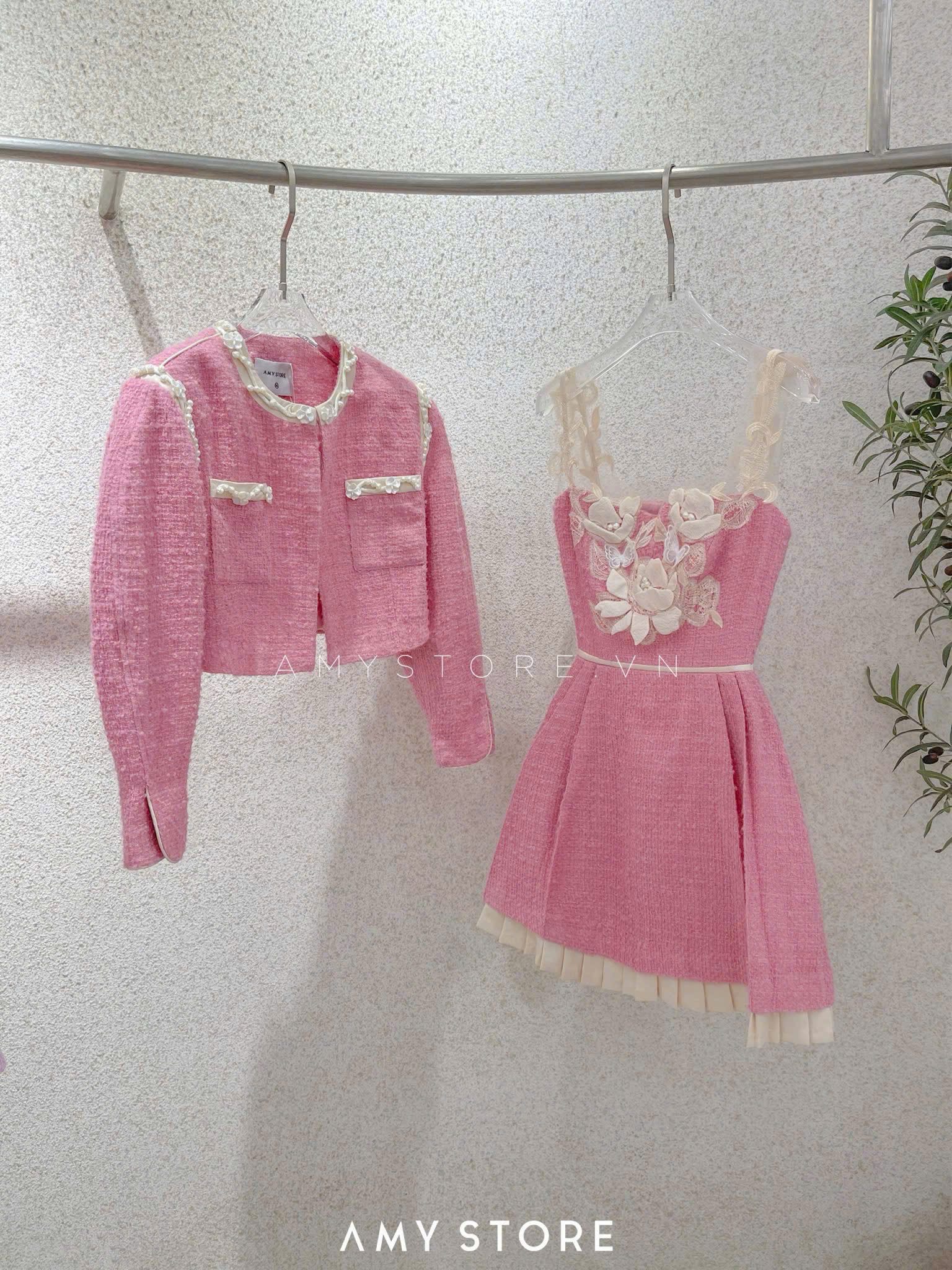 Thanh lý Pass set dạ tweed Amy Store hồng tiểu thư phối ren điệu đà - ảnh 1