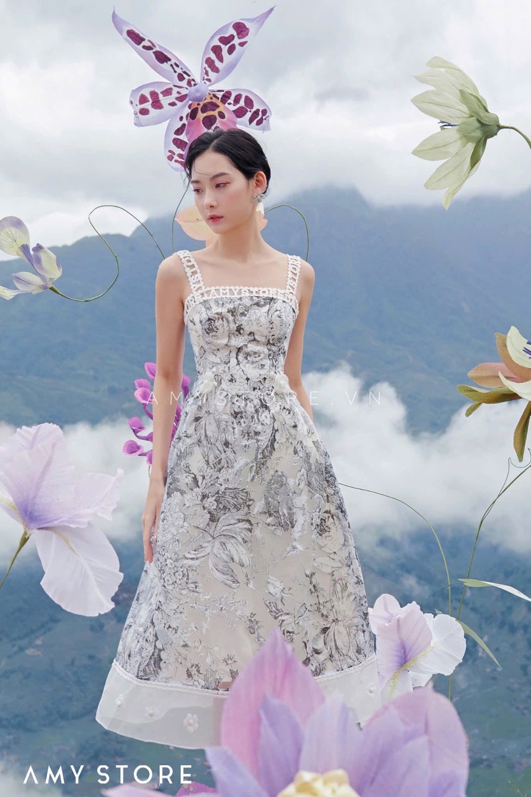Thanh lý Pass váy midi Amy Store họa tiết hoa đen cổ điển - ảnh 3