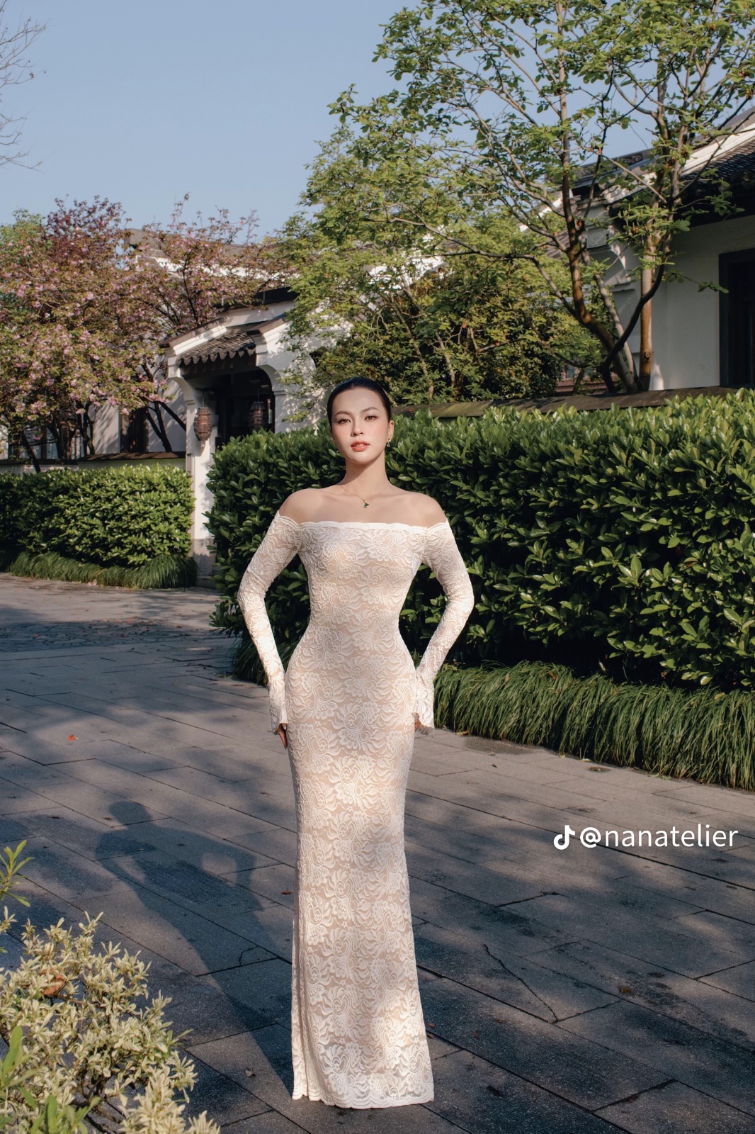 Thanh lý Pass đầm body ren dài trễ vai chính hãng NAN Atelier - ảnh 2