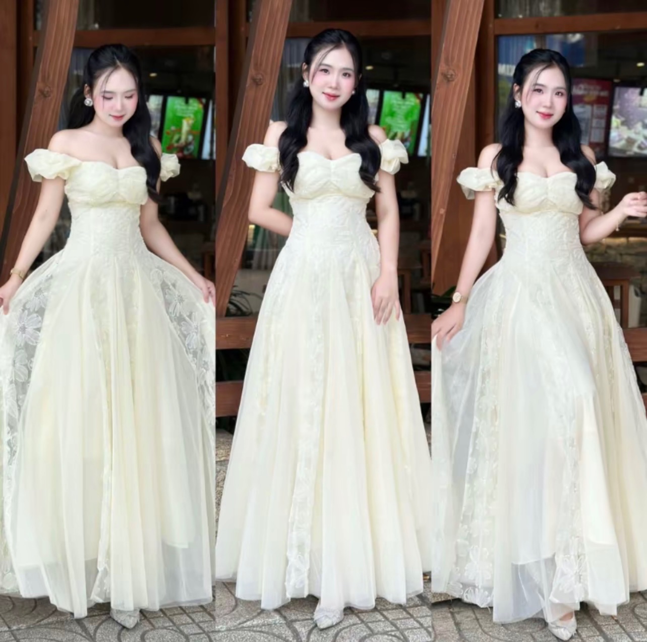 Thanh lý Pass váy trễ vai màu kem LASY dáng dài bồng bềnh - ảnh 2