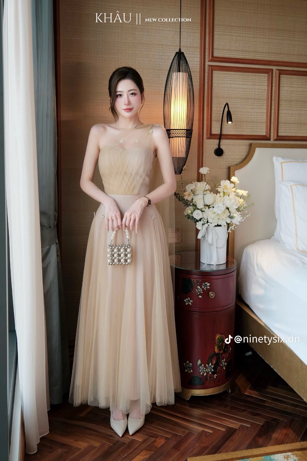 Thanh lý Pass váy Khâu dáng dài tone nude phối lưới xếp ly sang trọng - ảnh 2