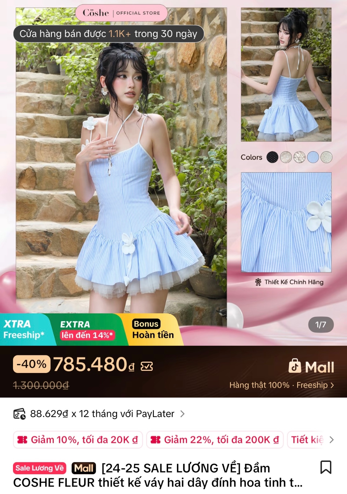Thanh lý Pass váy hai dây Coshe phối hoa nhí kẻ sọc - ảnh 3