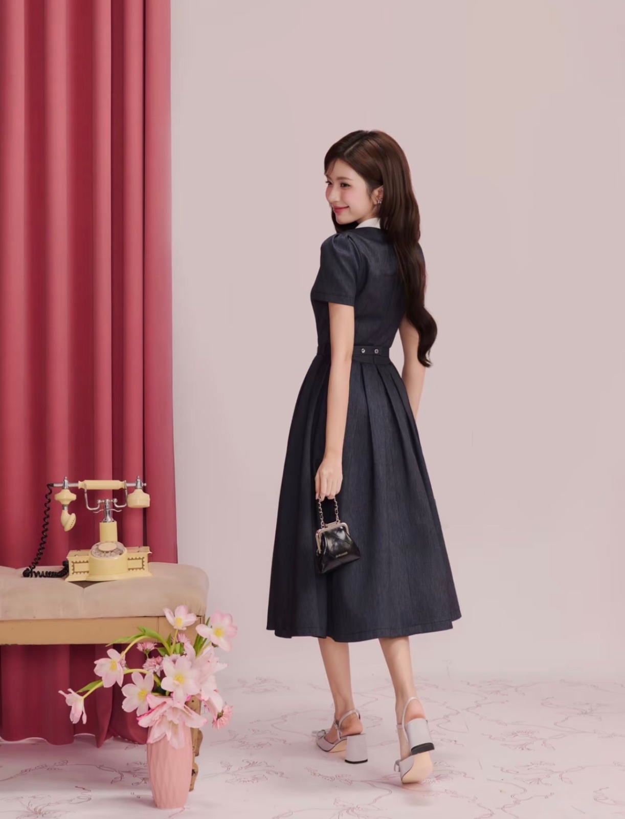 Thanh lý Pass Váy Vintage Calie Màu Xanh Ghi Cổ Trắng Thanh Lịch - ảnh 2