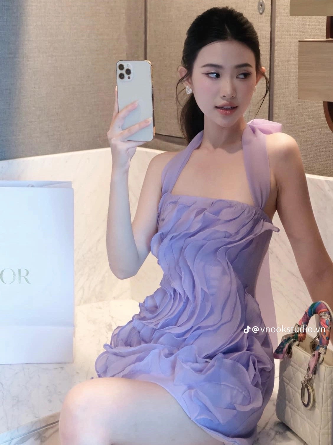 Thanh lý Pass váy tiệc tím pastel chuẩn ChouChou dáng xòe đắp hoa nổi tiểu thư - ảnh 2