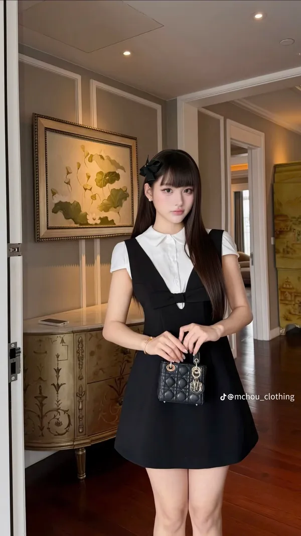 Pass set váy yếm đen phối sơ mi trắng tiểu thư ChouChou 