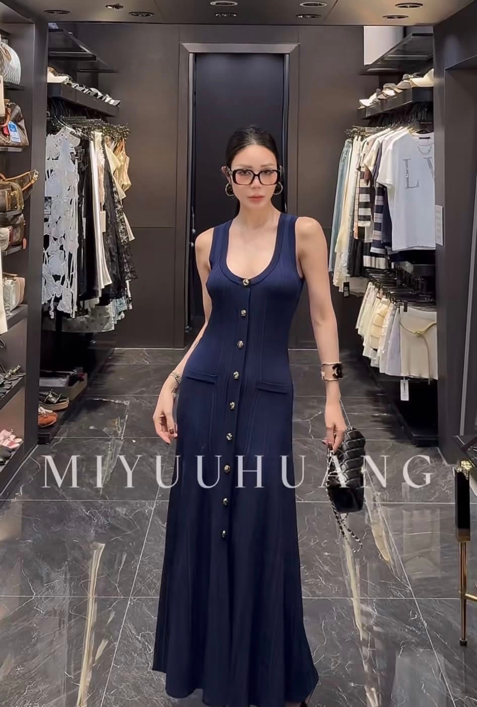Thanh lý Pass váy MIYUUHUANG maxi dệt kim xanh navy dáng ôm cài khuy dọc thân - ảnh 1