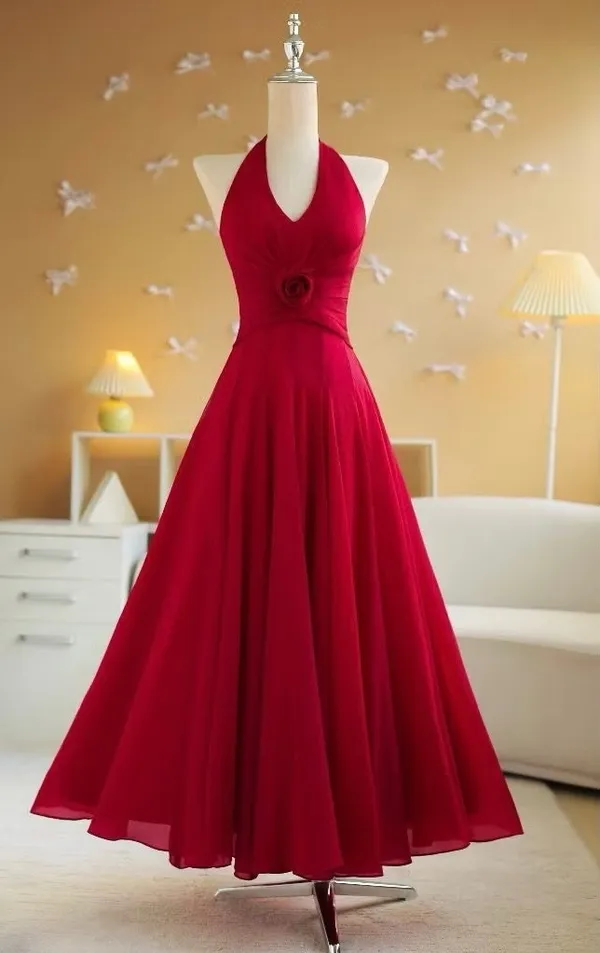 Pass váy Sò vintage Malina đỏ dáng cổ yếm xòe nhẹ nhàng, điểm nhấn hoa eo