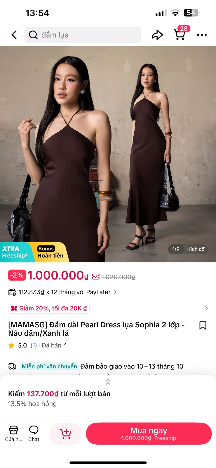 Thanh lý Pass đầm lụa cổ yếm mamasg dáng suông màu nâu trơn choco size M - ảnh 3