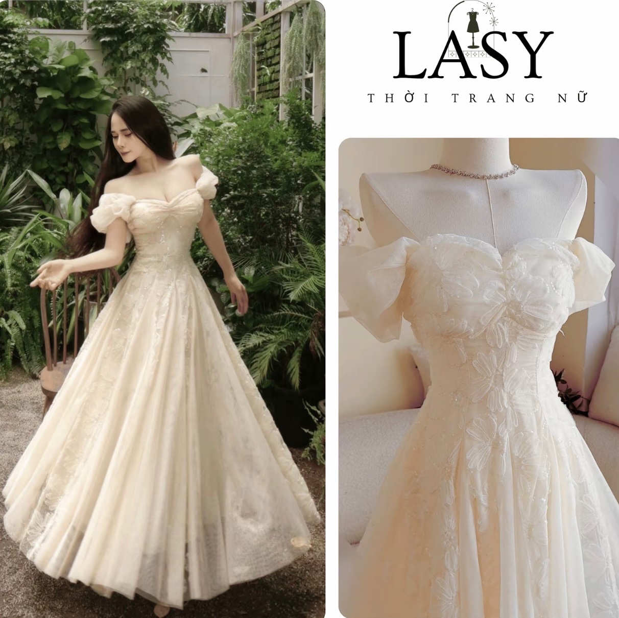 Thanh lý Pass váy trễ vai màu kem LASY dáng dài bồng bềnh - ảnh 1
