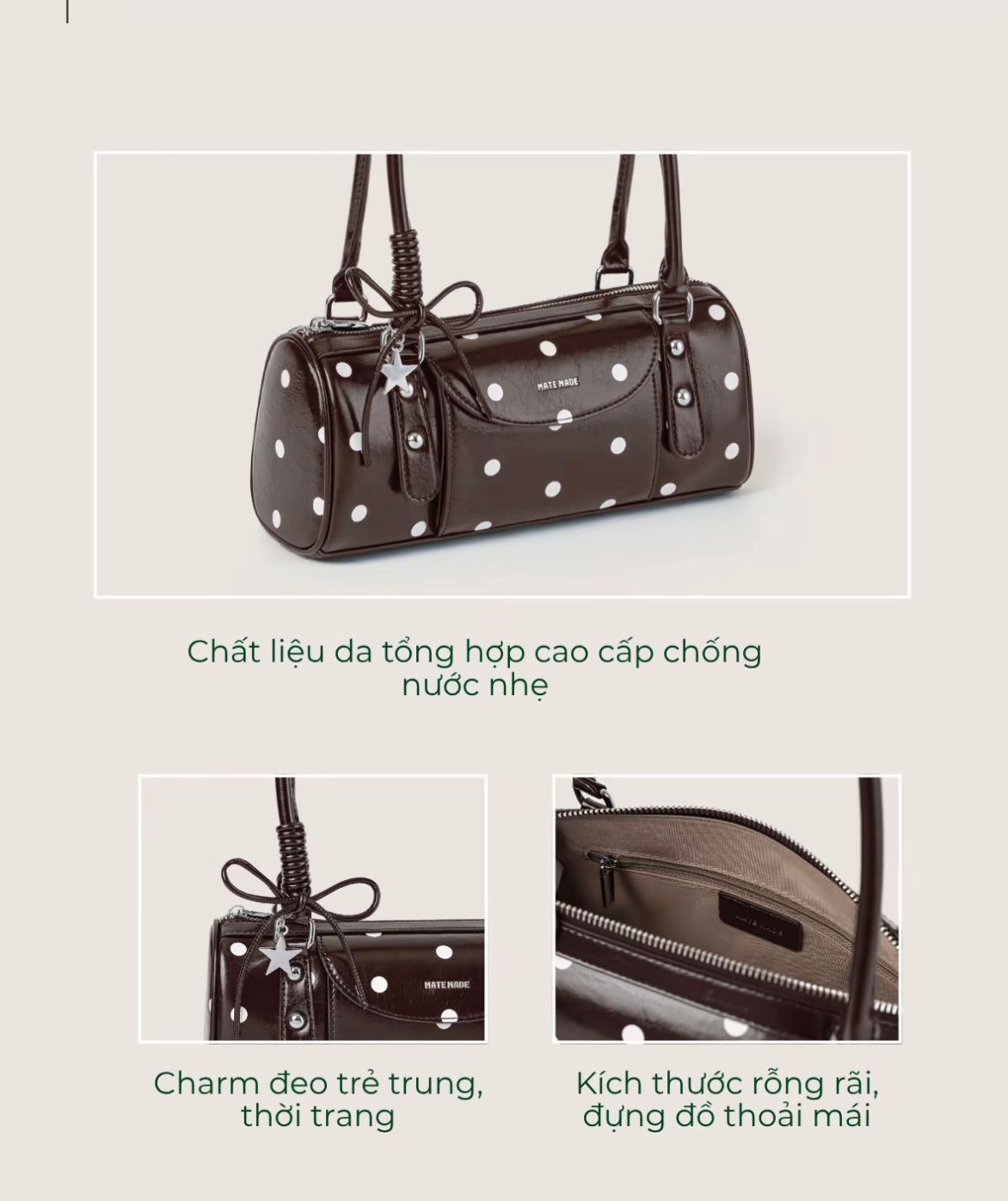Thanh lý Pass túi Mate Made màu nâu chấm bi có charm ngôi sao phong cách Y2K new - ảnh 3