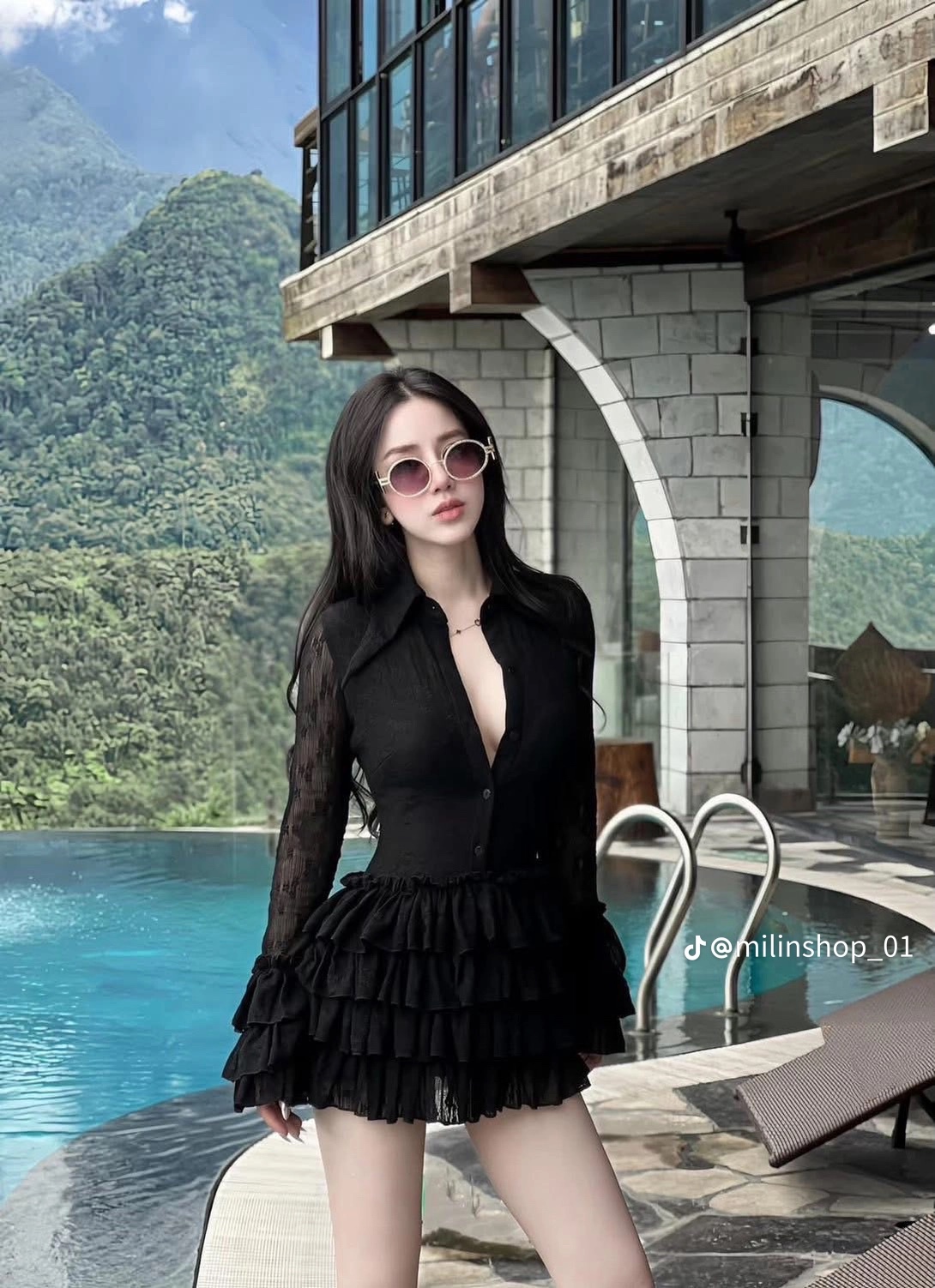 Thanh lý Pass váy đen Bầu Bé ren tay dài dáng ngắn phối bèo tầng - ảnh 1