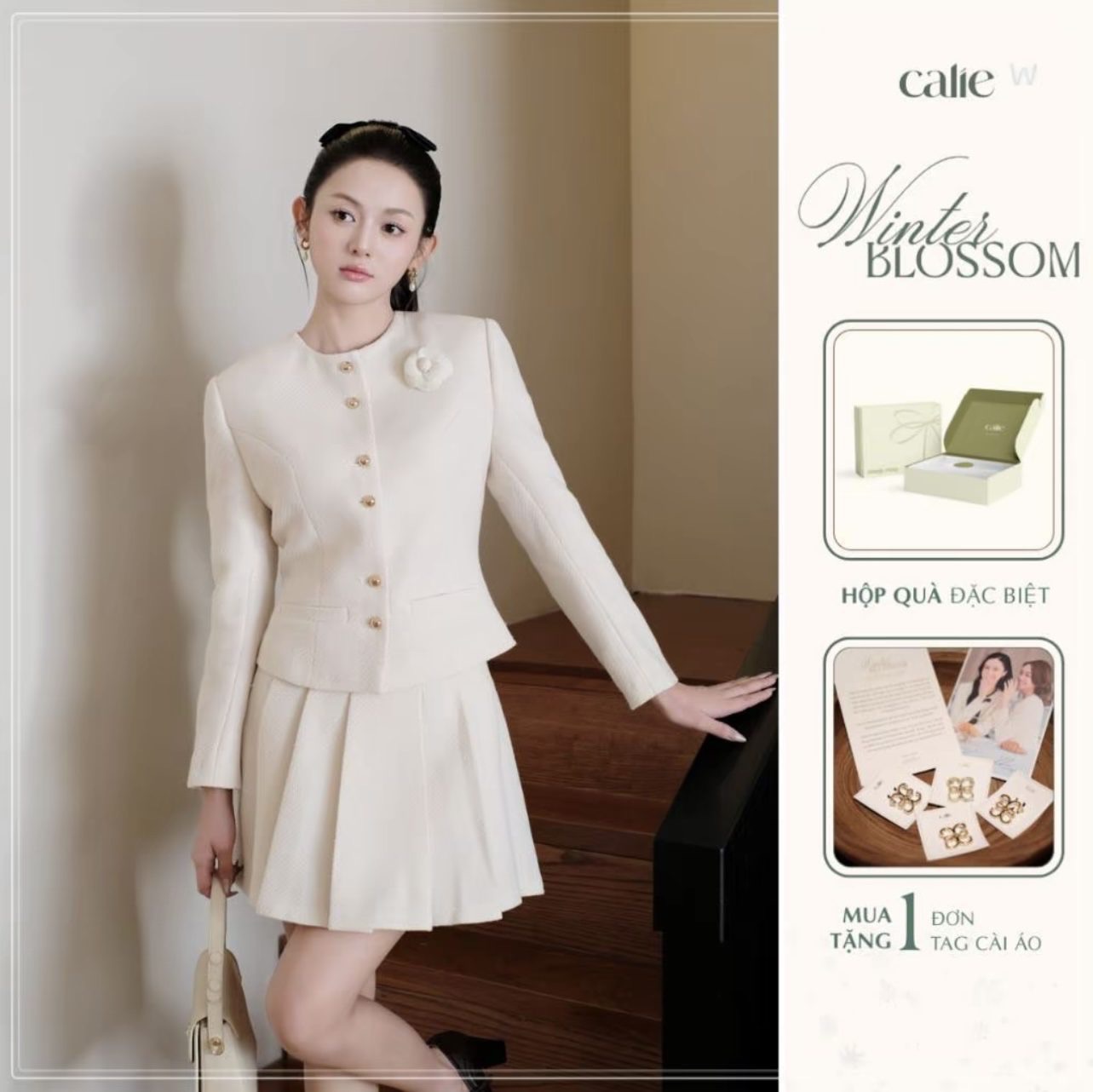 Thanh lý Pass Set Dạ Tweed CALIE Trắng Kem Dáng Áo Cổ Tròn + Chân Váy Xếp Ly - ảnh 2
