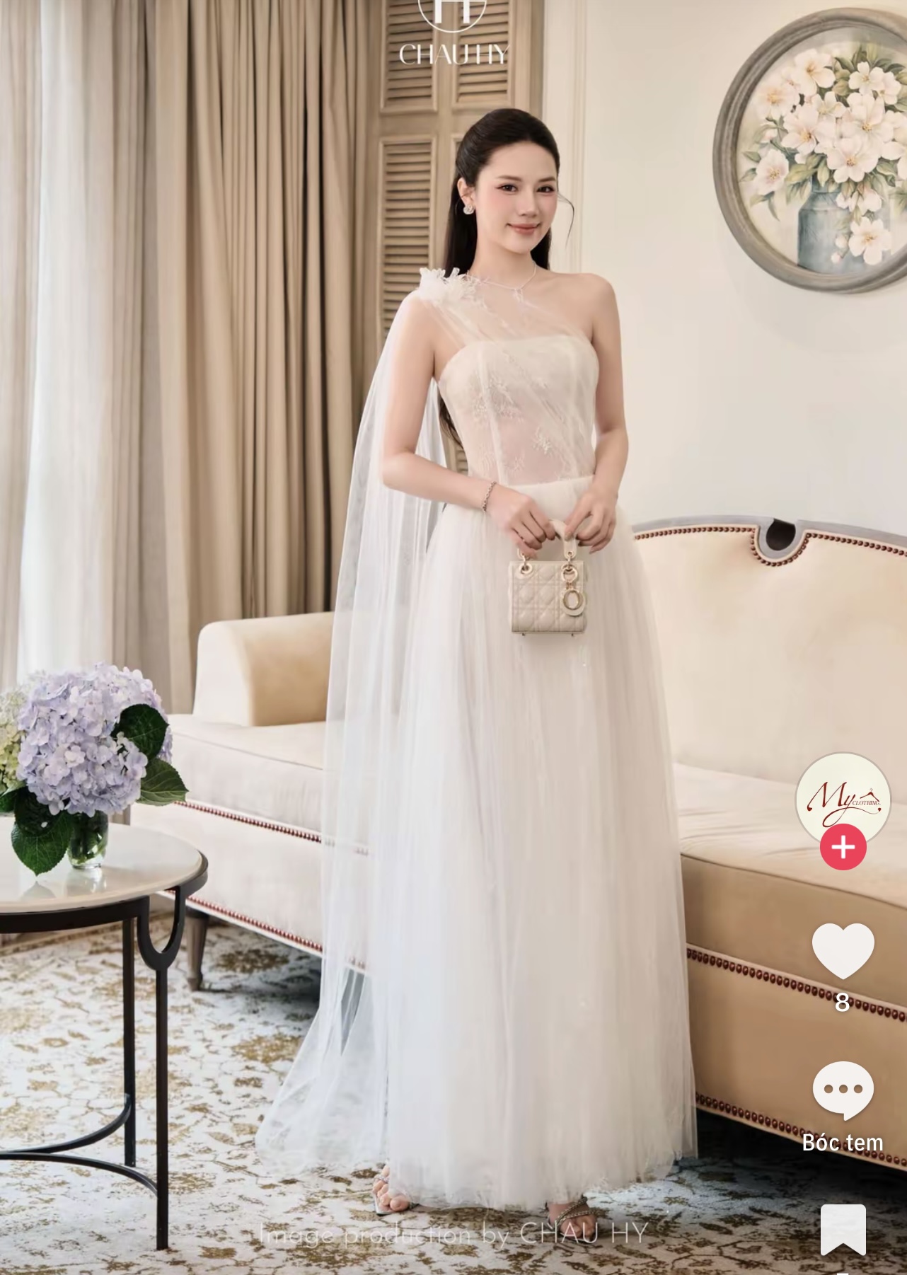 Thanh lý Pass váy chuẩn Châu Hy dài tone trắng thiết kế lệch vai kiêu sa Pass váy Size M - ảnh 1