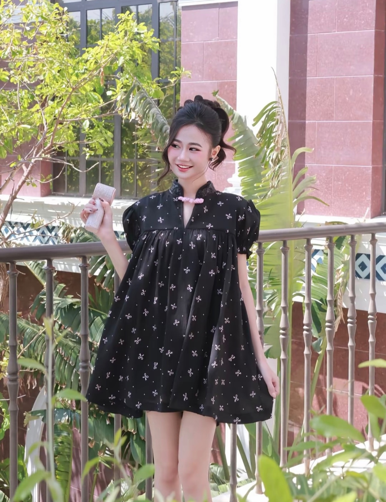 Thanh lý Pass set babydoll Aguja đen họa tiết nơ xinh xắn cổ tàu - ảnh 1