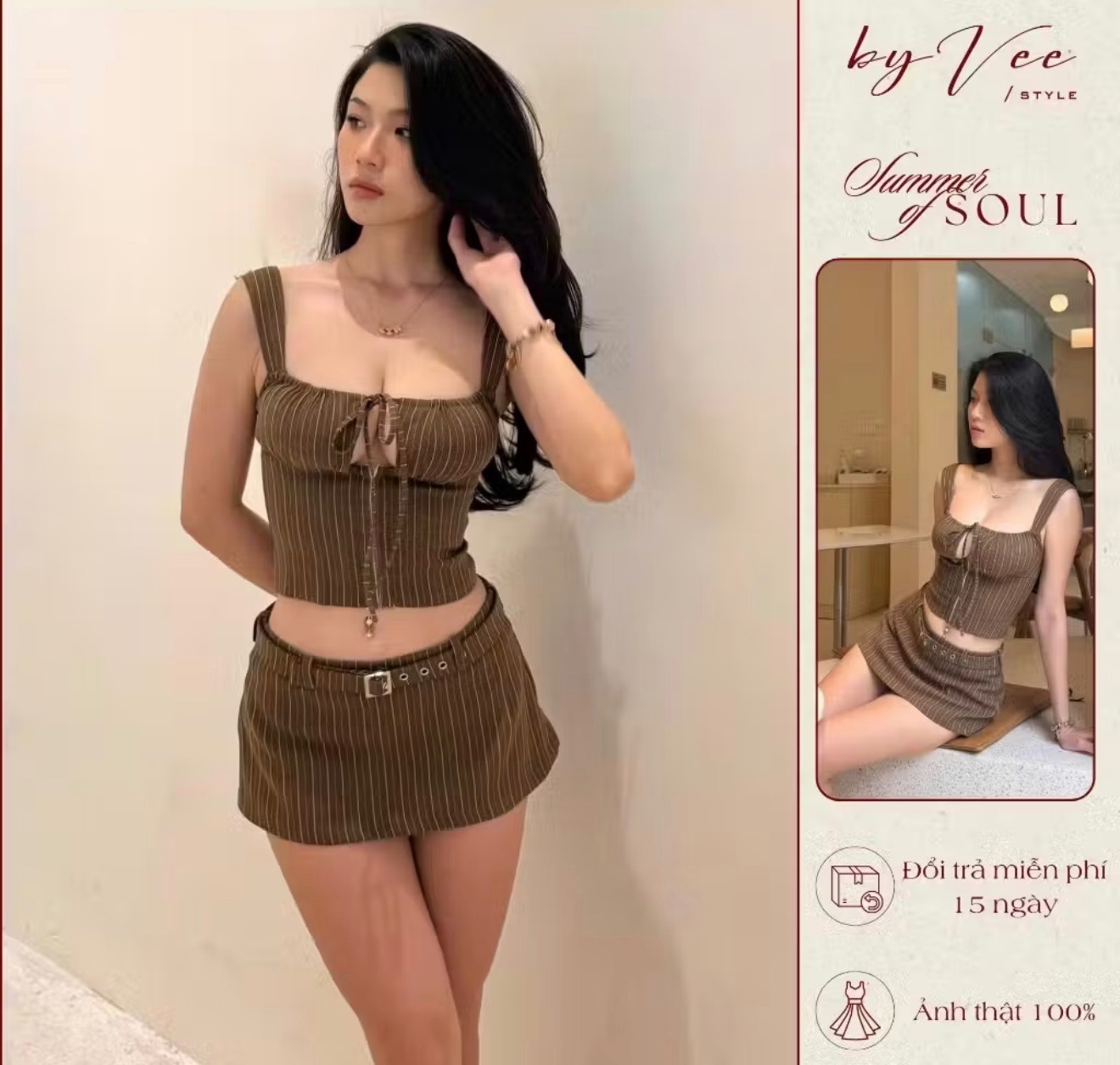 Thanh lý Pass Set Áo Croptop Dây Rút Phối Chân Váy Ngắn Tone Nâu Kẻ Sọc - ảnh 3
