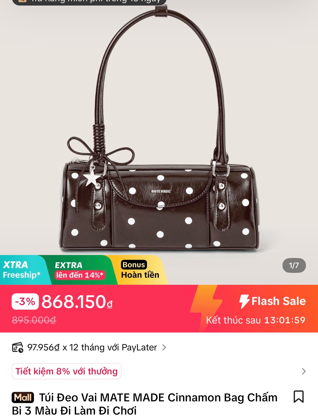 Thanh lý Pass túi Mate Made màu nâu chấm bi có charm ngôi sao phong cách Y2K new - ảnh 2