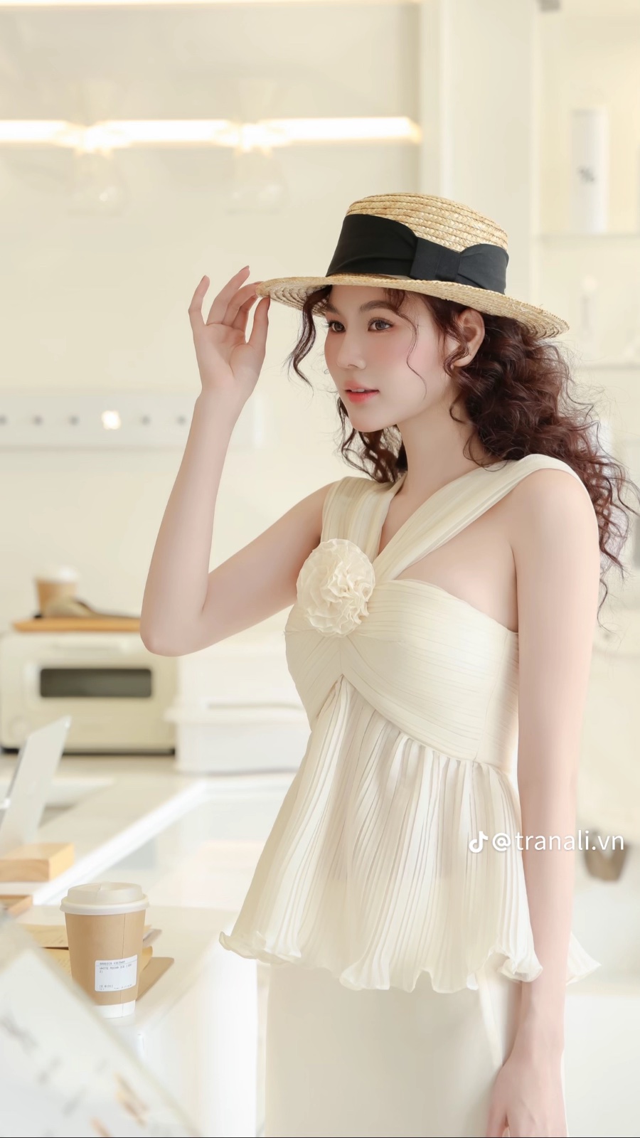 Thanh lý Pass set Trân Ali áo phối váy dài dáng peplum màu kem - ảnh 3