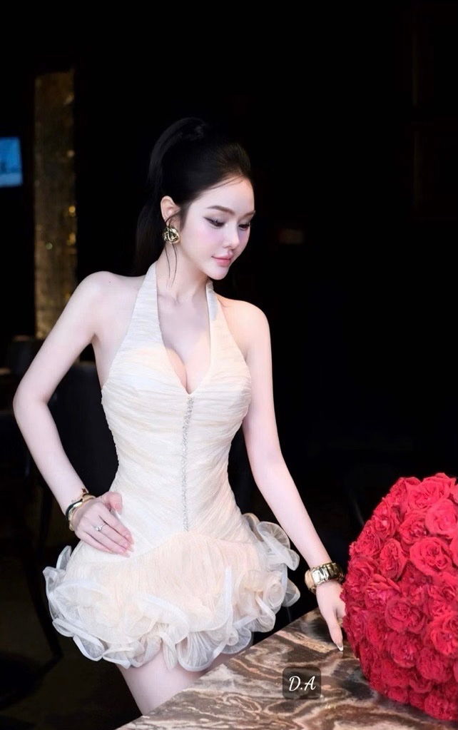 Thanh lý Pass váy tiệc cổ yếm đính đá sang trọng new nguyên seal size M - ảnh 2