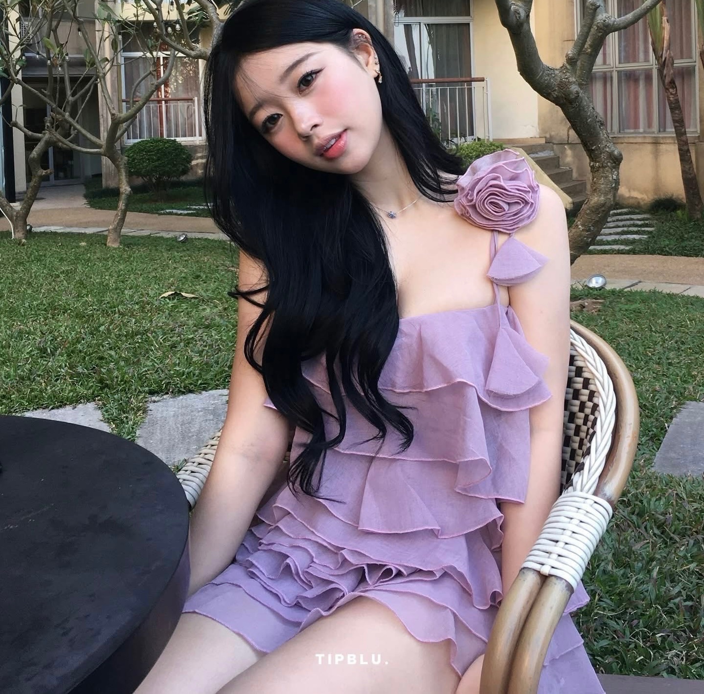 Thanh lý Pass váy ngắn Tipblu tím pastel xếp tầng đính hoa vai - ảnh 3