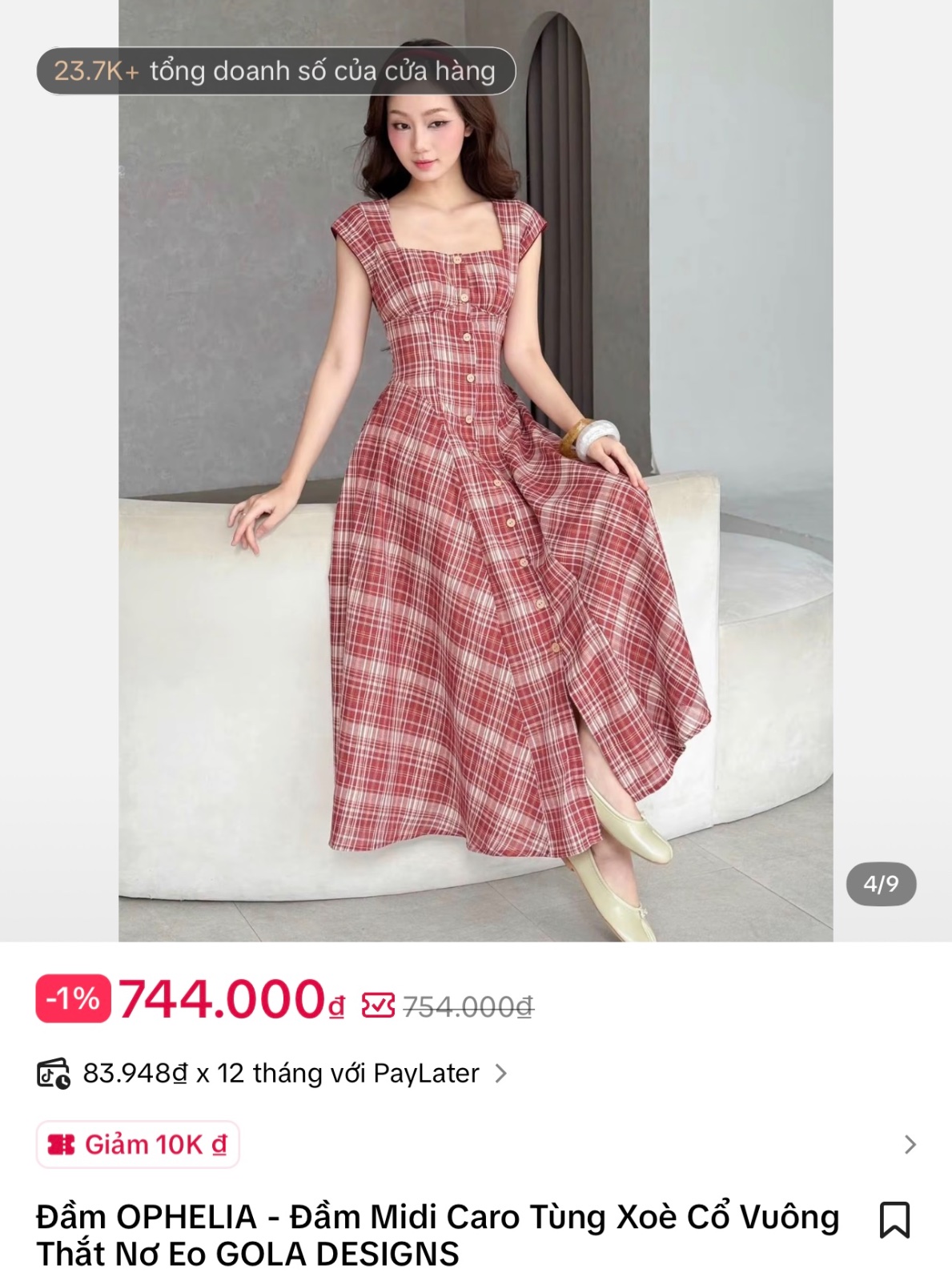 Thanh lý Pass đầm midi do dáng xòe họa tiết kẻ caro màu đỏ GOLA design - ảnh 4