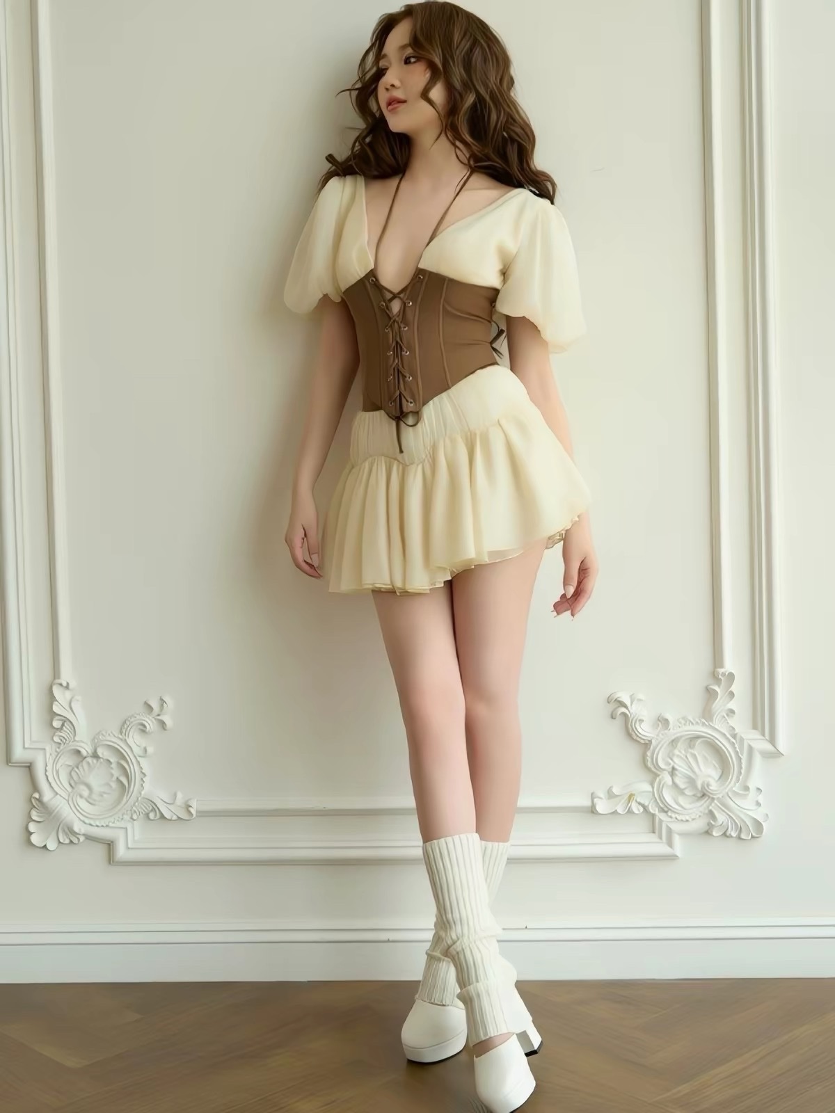 Thanh lý Pass váy ngắn phối corset nâu đan dây tay phồng QCCC - ảnh 2