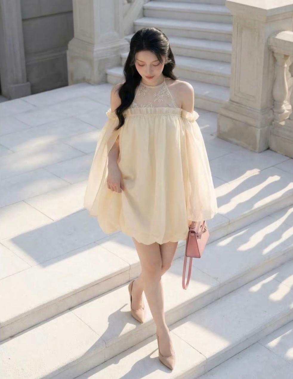 Thanh lý Pass váy tay dài trễ vai Bonheur cổ yếm màu trắng Size S - ảnh 3