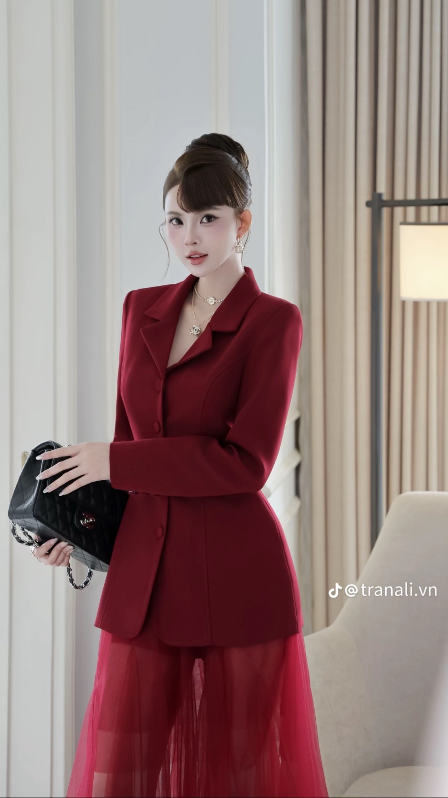Thanh lý Pass set áo vest phối cv voan đỏ đô Trân Ali quý phái - ảnh 3