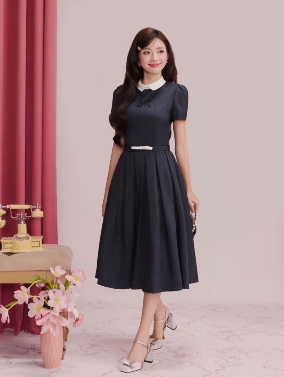 Thanh lý Pass Váy Vintage Calie Màu Xanh Ghi Cổ Trắng Thanh Lịch - ảnh 5