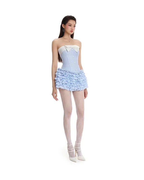 Pass set LANE Cì áo corset cúp ngực xanh phối váy nhiều tầng